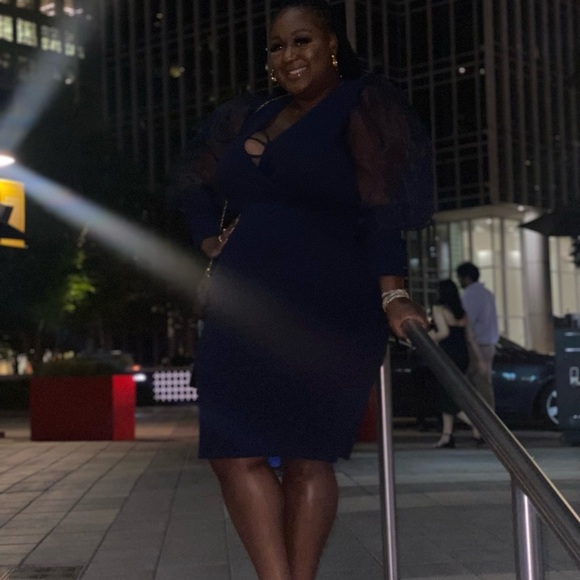 Navy Puff Sleeve Dress - Picture 1 of 3